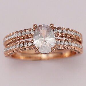 Dainty Oval Gemstone Anillo Micro Pave Rose Gold Ring Set for Women, VIP592